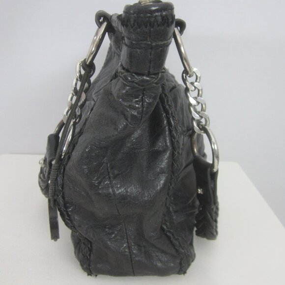 The Sak Womens Black Leather Purse Chain Braided Double Handle Bag Pleated Fob - Picture 2 of 13